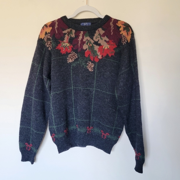 Vintage Woolrich Wool Window Pane Plaid Leaves Grandpa Charcoal Sweater - Picture 1 of 6